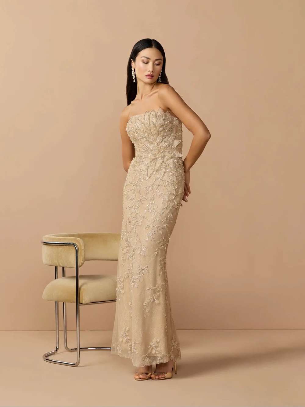 MAC DUGGAL Collection Gold Strapless Embellished Lace Gown w/3D Flower SZ8 $1498